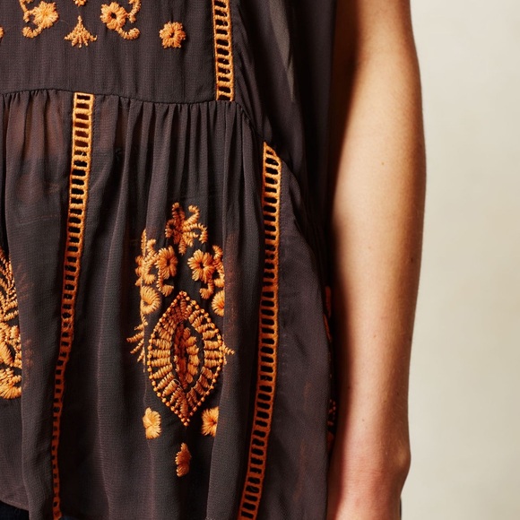 Vanessa Virginia for Anthropologie Antala Brown Orange Embroidered Peplum Top S - Picture 3 of 3